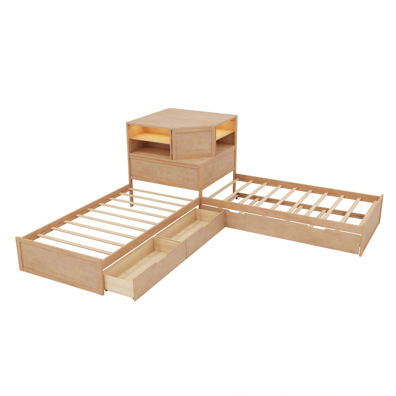 Natural Wood L-Shaped Floor Bed with Trundle Drawers Bookcase LED Lights