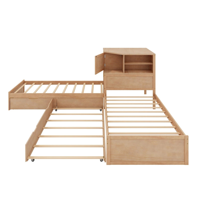 Natural Wood L-Shaped Floor Bed with Trundle Drawers Bookcase LED Lights