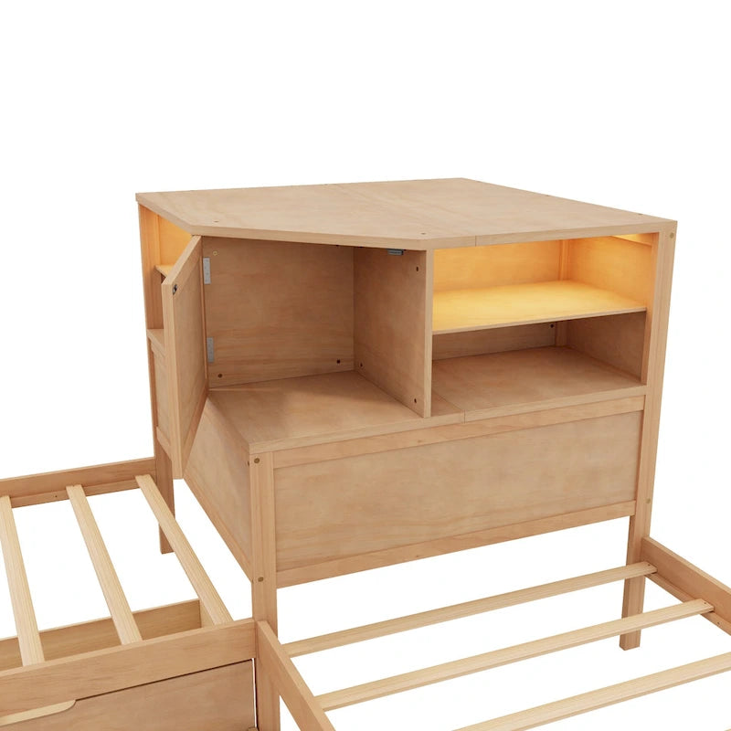 Natural Wood L-Shaped Floor Bed with Trundle Drawers Bookcase LED Lights