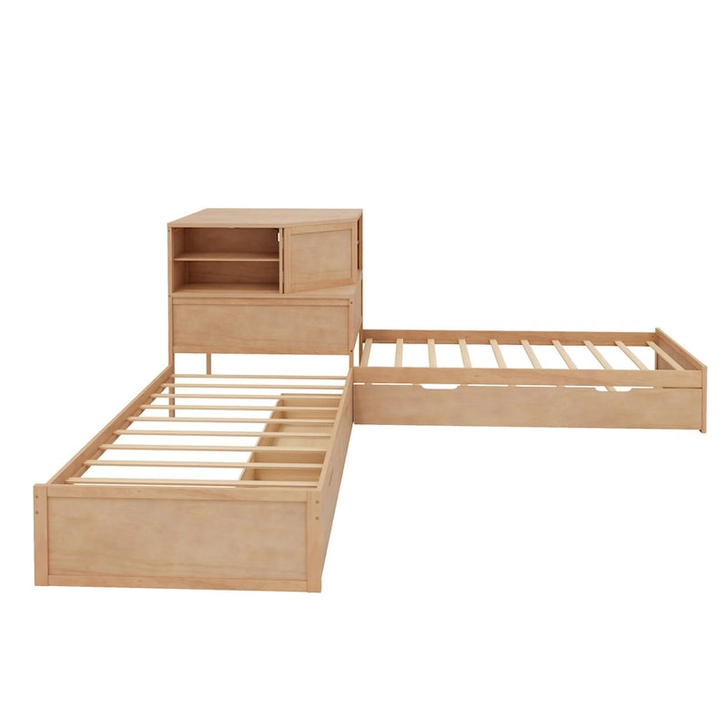 Natural Wood L-Shaped Floor Bed with Trundle Drawers Bookcase LED Lights