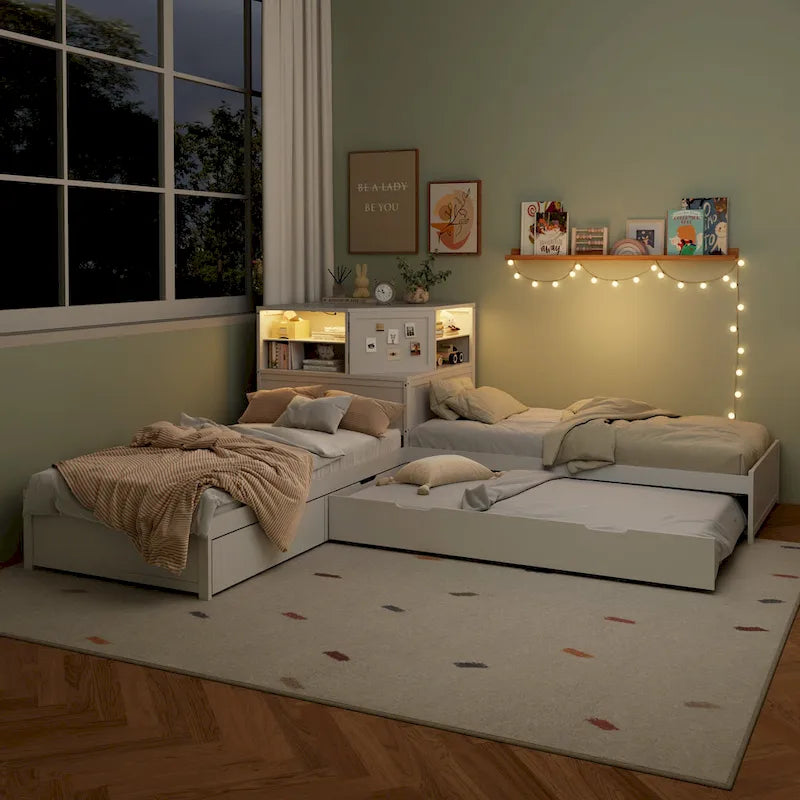 Natural Wood L-Shaped Floor Bed with Trundle Drawers Bookcase LED Lights