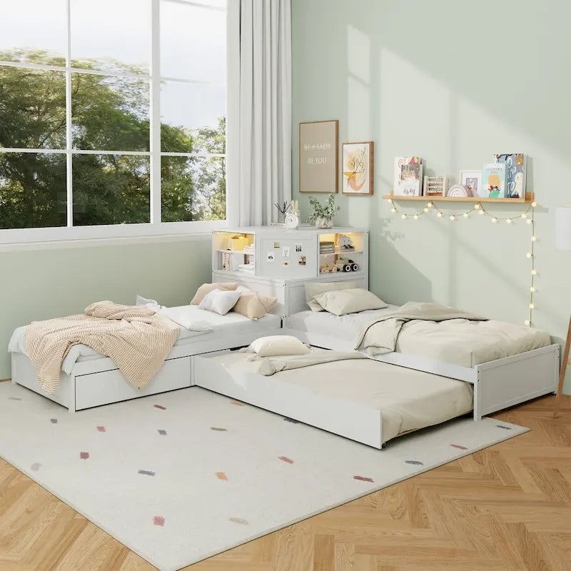 Natural Wood L-Shaped Floor Bed with Trundle Drawers Bookcase LED Lights