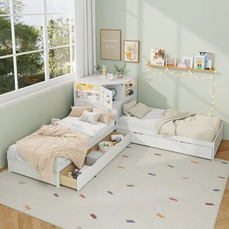 Natural Wood L-Shaped Floor Bed with Trundle Drawers Bookcase LED Lights