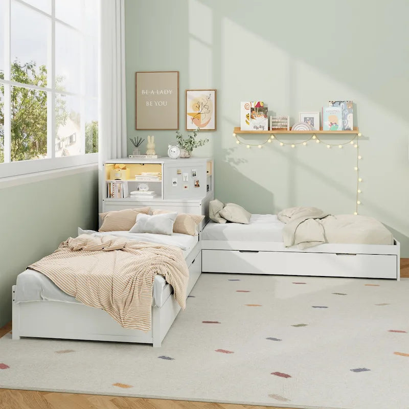 Natural Wood L-Shaped Floor Bed with Trundle Drawers Bookcase LED Lights