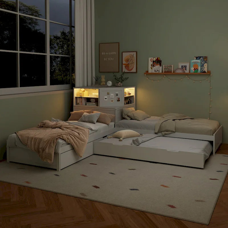 Natural Wood L-Shaped Floor Bed with Trundle Drawers Bookcase LED Lights
