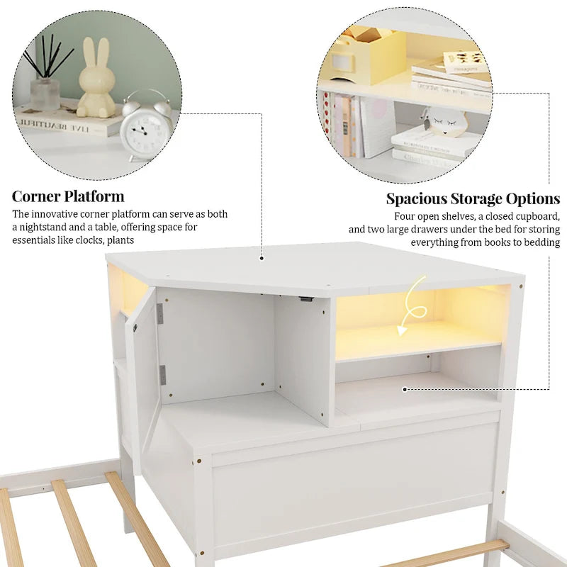Natural Wood L-Shaped Floor Bed with Trundle Drawers Bookcase LED Lights