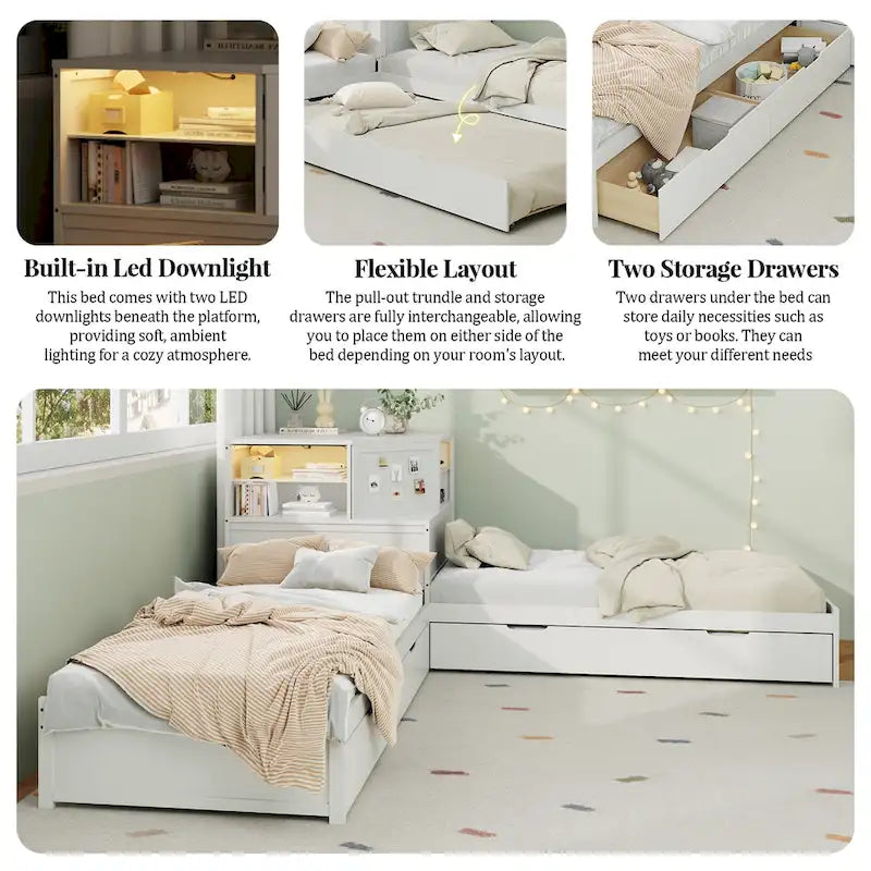 Natural Wood L-Shaped Floor Bed with Trundle Drawers Bookcase LED Lights