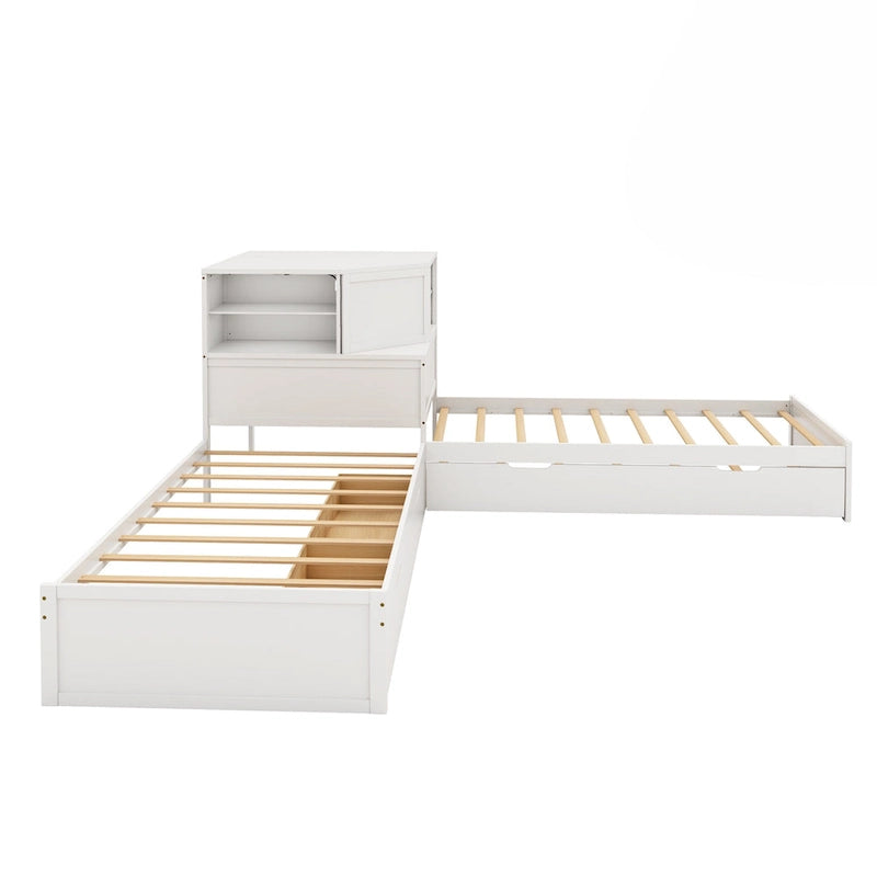 Natural Wood L-Shaped Floor Bed with Trundle Drawers Bookcase LED Lights