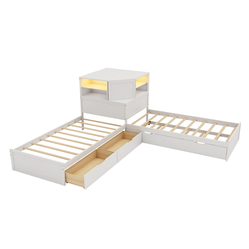 Natural Wood L-Shaped Floor Bed with Trundle Drawers Bookcase LED Lights