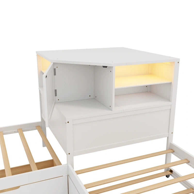 Natural Wood L-Shaped Floor Bed with Trundle Drawers Bookcase LED Lights