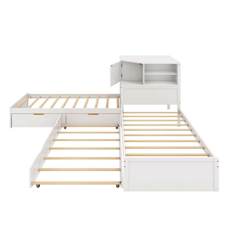Natural Wood L-Shaped Floor Bed with Trundle Drawers Bookcase LED Lights