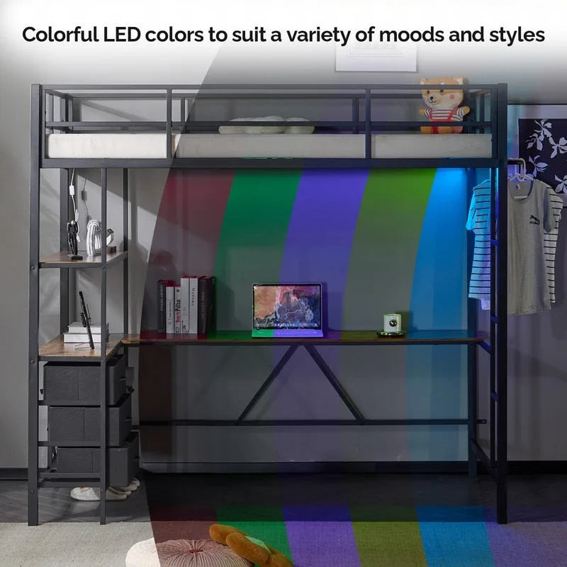 Black Twin Metal Loft Bed with LED Light and USB Charging