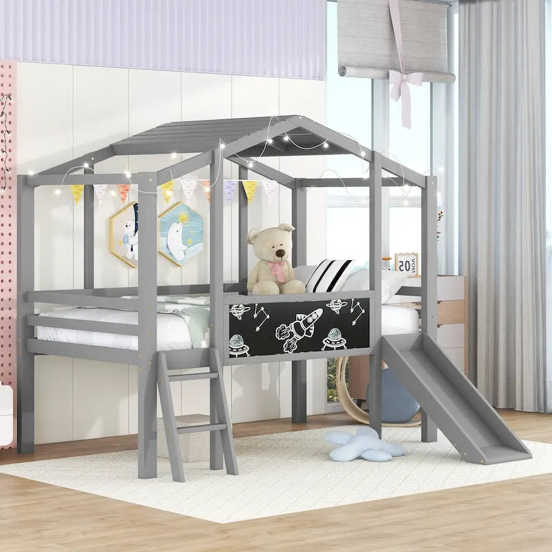 House-Shaped Loft Bed with Slide Ladder Blackboard Light Strip Wood Grey