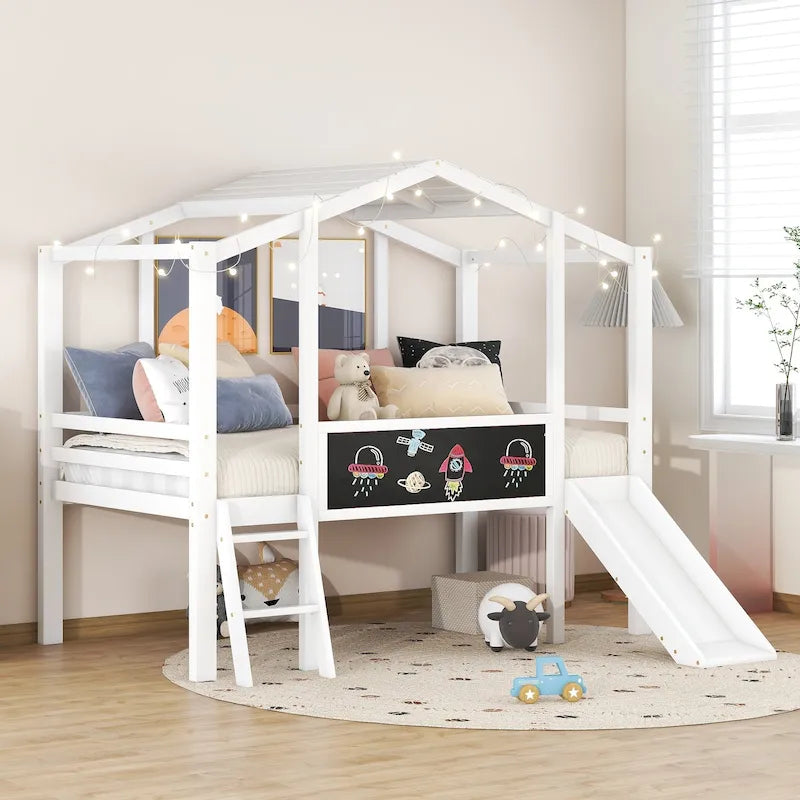 House-Shaped Loft Bed with Slide Ladder Blackboard Light Strip Wood Grey