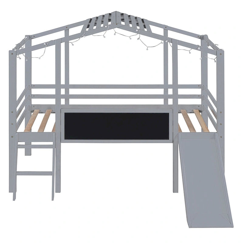 Twin Size Loft Bed with Ladder and Slide, Wood Slatted Frame House Bed with Blackboard and Light Strip on the Roof Design