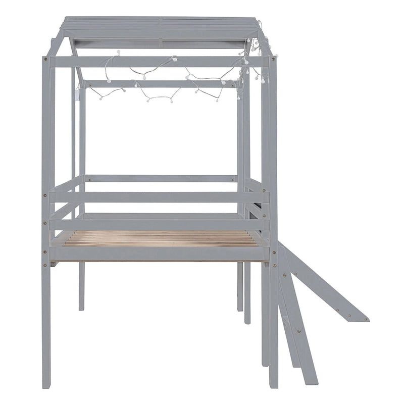 Hausförmiges Hochbett mit Rutsche, Leiter, Tafel, Lichtleiste, Holz, Grau