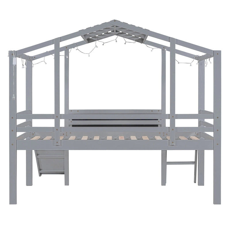 Hausförmiges Hochbett mit Rutsche, Leiter, Tafel, Lichtleiste, Holz, Grau