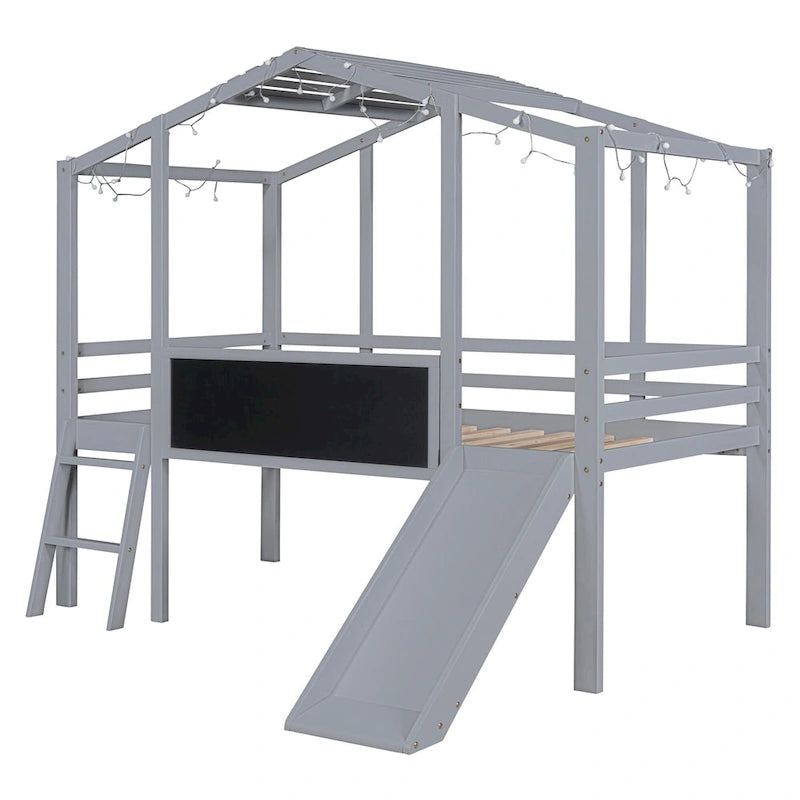 House-Shaped Loft Bed with Slide Ladder Blackboard Light Strip Wood Grey