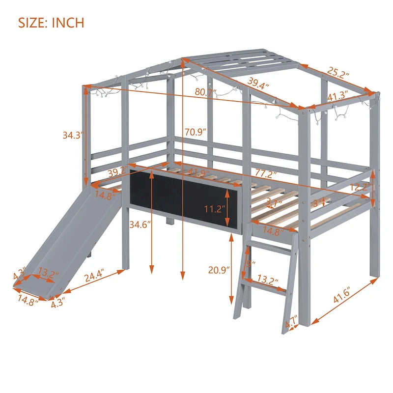 Hausförmiges Hochbett mit Rutsche, Leiter, Tafel, Lichtleiste, Holz, Grau