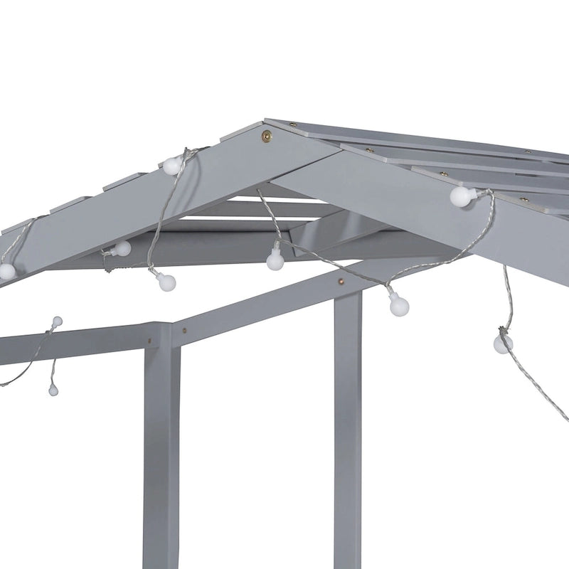Hausförmiges Hochbett mit Rutsche, Leiter, Tafel, Lichtleiste, Holz, Grau