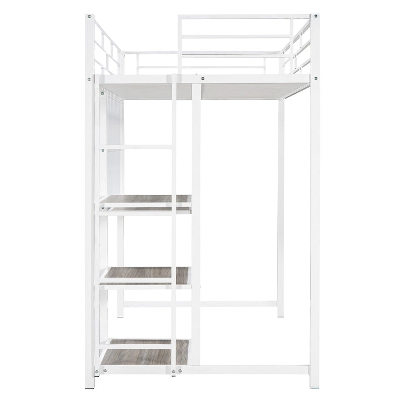 Twin Size White Metal Loft Bed with Built-In Study Desk and Storage Shelves