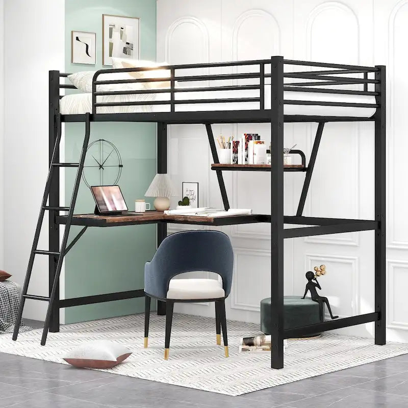 Twin Black Metal Loft Bed with Built-in Desk Shelf and Ladder
