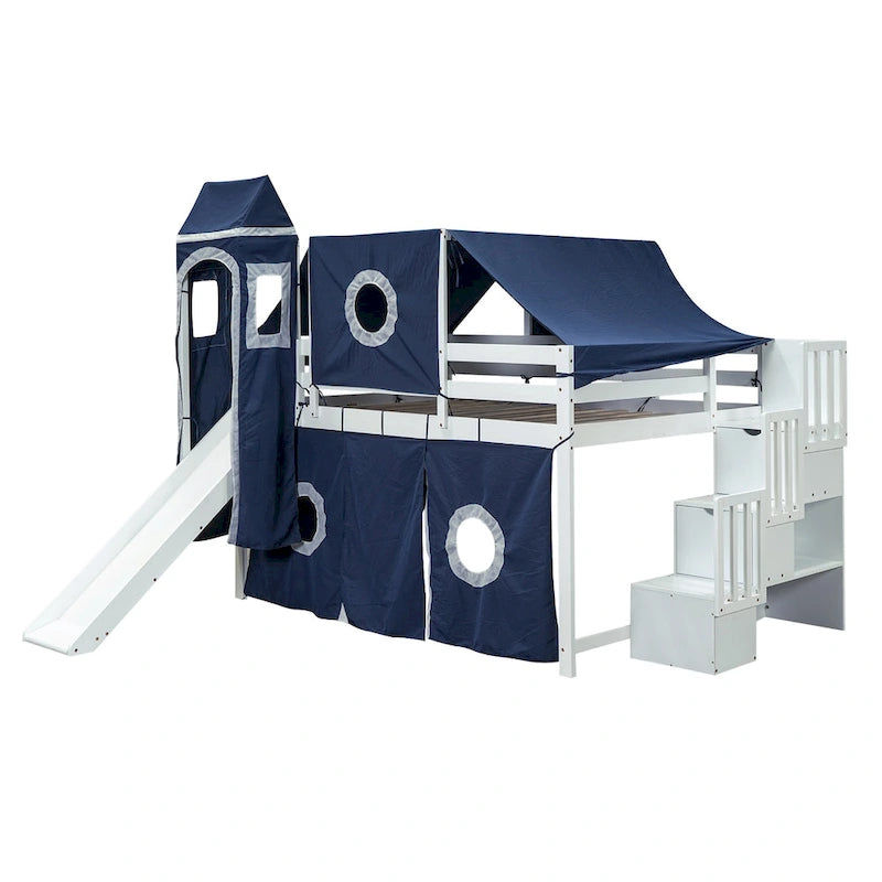 Kids Castle Loft Bed with Slide, Blue Tent, Tower and Full-Length Guardrail
