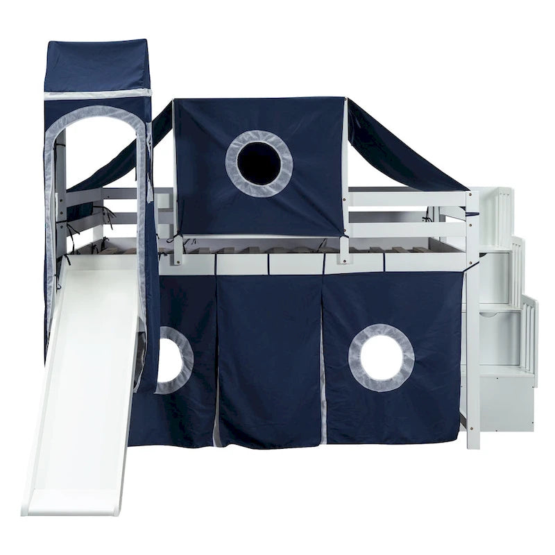 Kids Castle Loft Bed with Slide, Blue Tent, Tower and Full-Length Guardrail