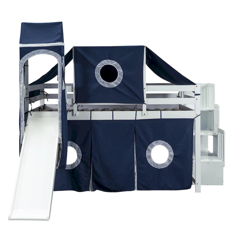 Kids Castle Loft Bed with Slide, Blue Tent, Tower and Full-Length Guardrail